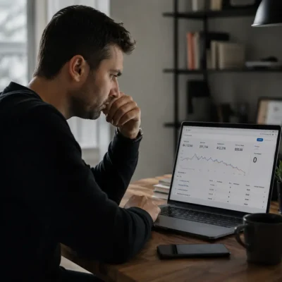 Bărbat îngrijorat privind un cont Facebook Ads cu buget cheltuit și 0 achiziții